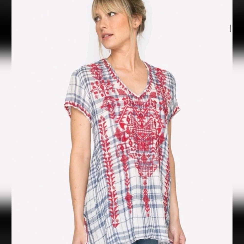 Johnny Was Misha Drape Embroidered V-Neck Top Sz XS